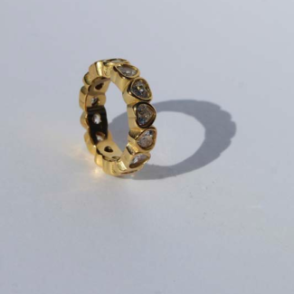 Gold plated stainless steel ring with heart shape clear zircons.