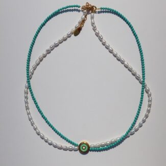 Necklace made with freshwater pearls and semiprecious gems